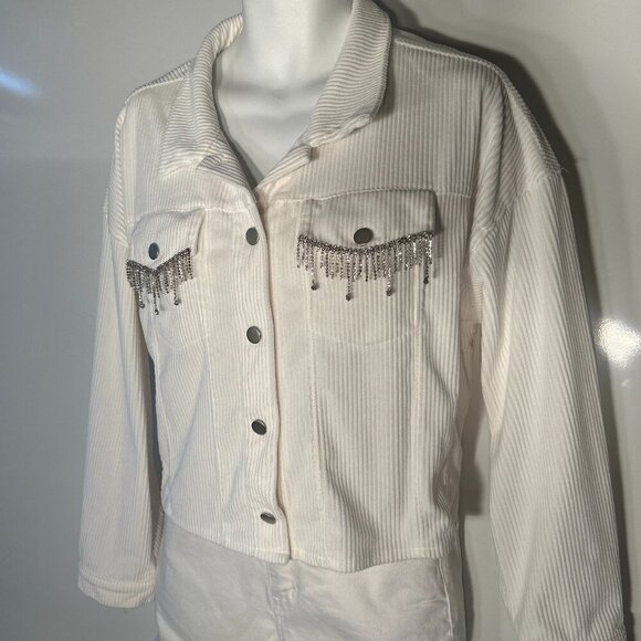 Savanna Jane SZL Ivory Corduroy Boxy Jacket Rhinestone Fringe Ranch Boho Rodeo - Picture 1 of 9